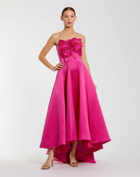 Hot-pink-strapless-high-low-mikado-gown-with-double-rosette-front