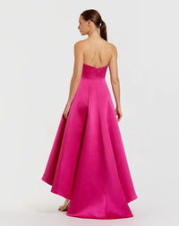 Hot-pink-strapless-high-low-mikado-gown-with-double-rosette-front