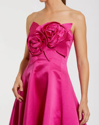 Hot-pink-strapless-high-low-mikado-gown-with-double-rosette-front