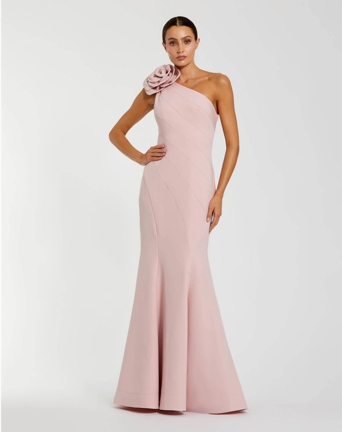 Mac Duggal #2304 blush one shoulder mermaid gown with 3d flower