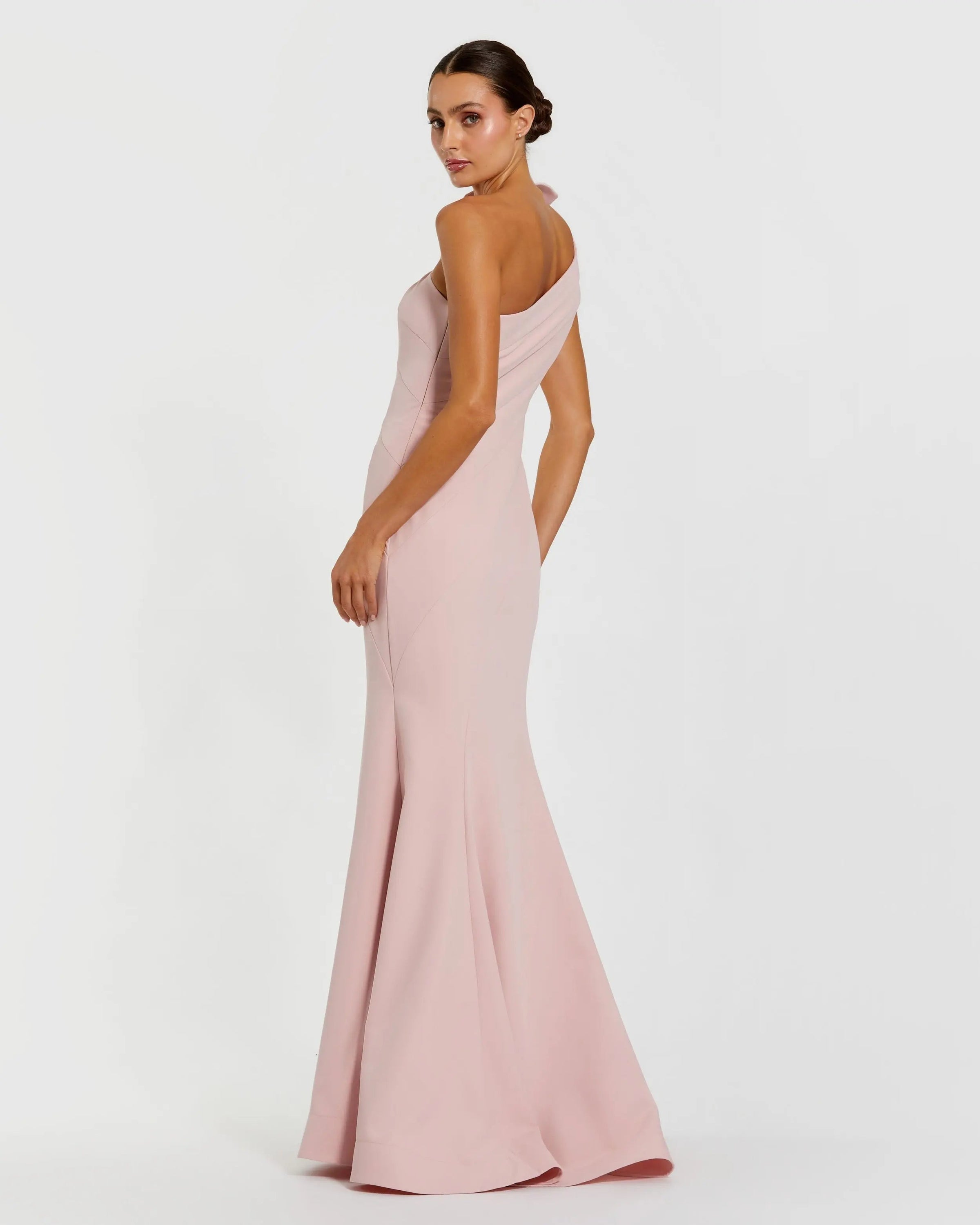 Mac Duggal #2304 blush one shoulder mermaid gown with 3d flower