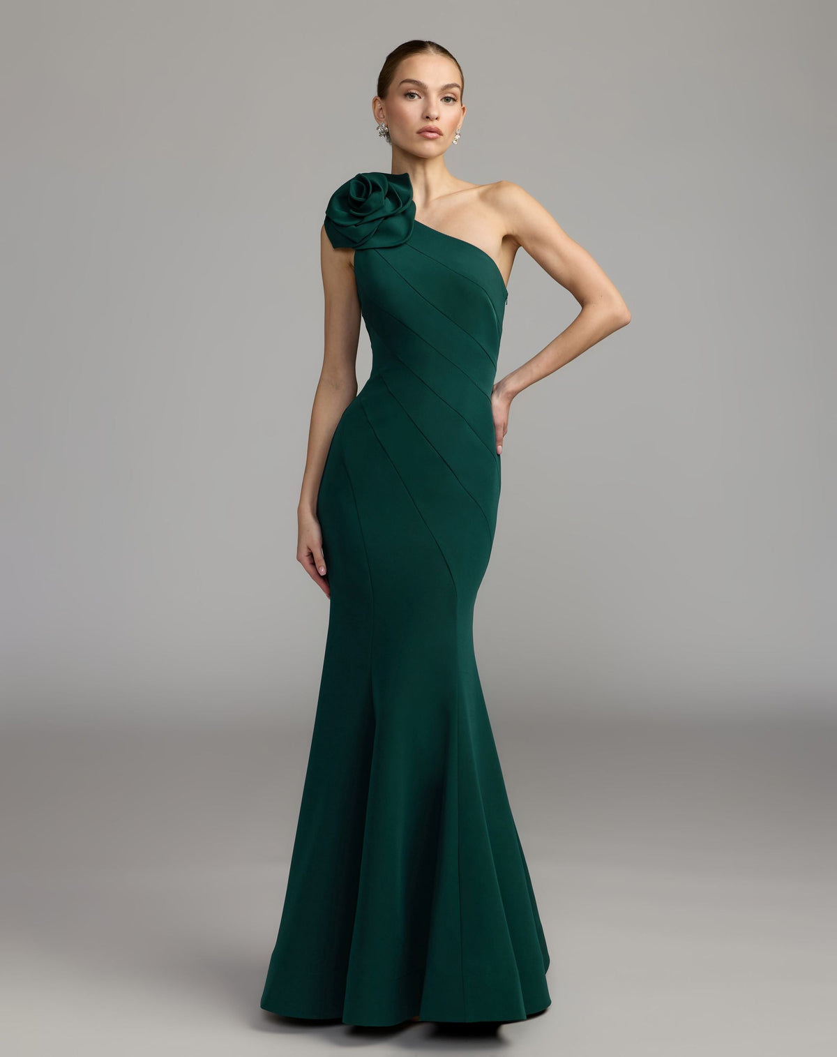 Mac Duggal #2304 emerald one shoulder crepe mermaid gown with 3D flower - front