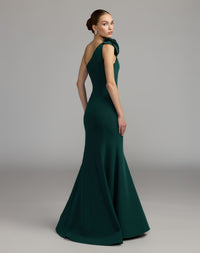 Mac Duggal #2304 emerald one shoulder crepe mermaid gown - back view