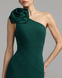 Mac Duggal #2304 emerald one shoulder crepe mermaid gown - close up detail