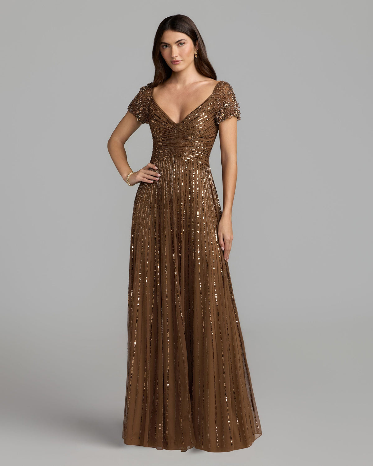 Mac Duggal #23042 chocolate sequined evening gown with embellished shoulders