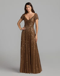 Mac Duggal #23042 chocolate sequined evening gown with embellished shoulders