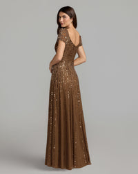 Mac Duggal #23042 chocolate sequined evening gown with embellished shoulders