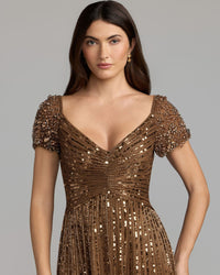 Mac Duggal #23042 chocolate sequined evening gown with embellished shoulders