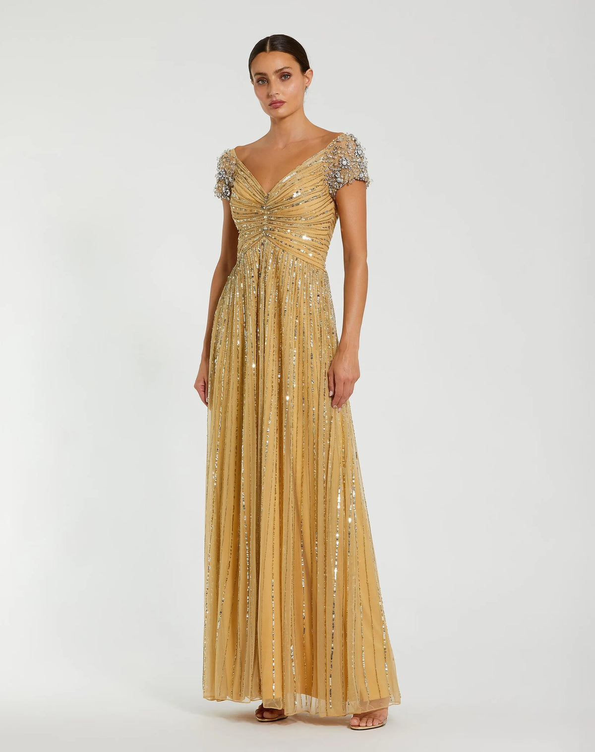 Mac Duggal Gold Embellished Gown With Beaded Shoulders Gold #23042