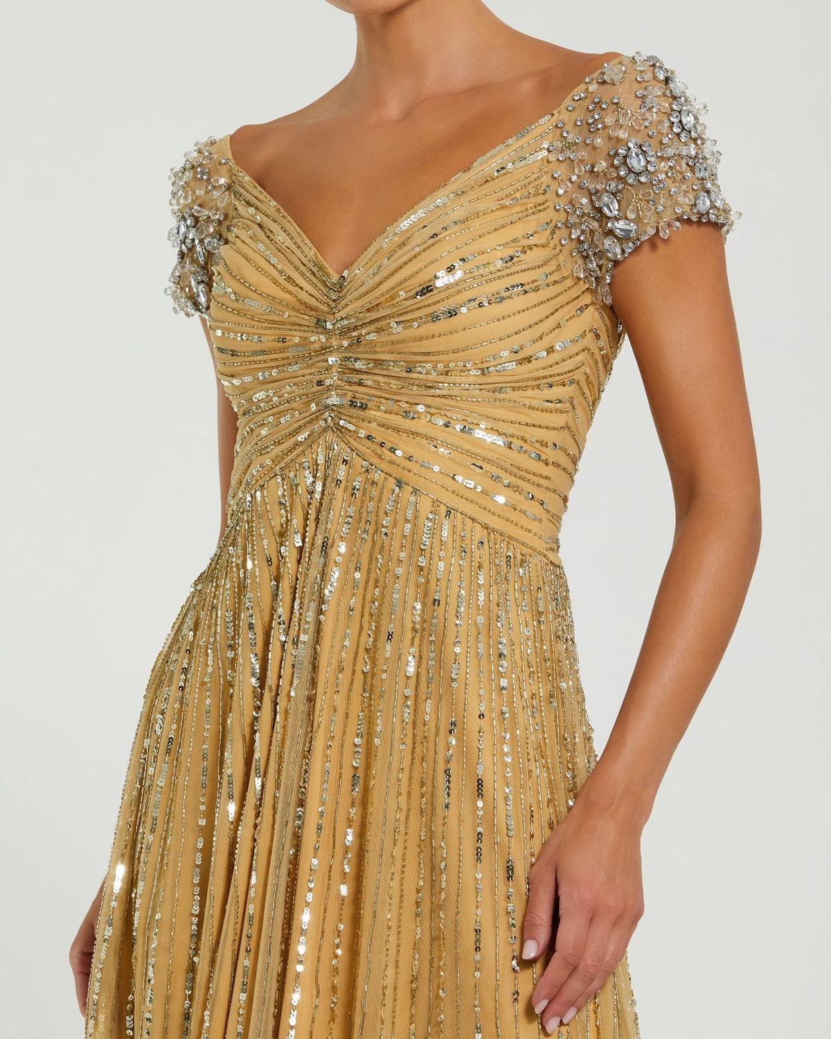 Beaded Shoulders Embellished Gown - Gold
