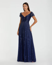Mac Duggal Sapphire Blue Green Embellished Gown With Beaded Shoulders #23042 