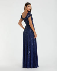Mac Duggal Sapphire Blue Green Embellished Gown With Beaded Shoulders #23042 