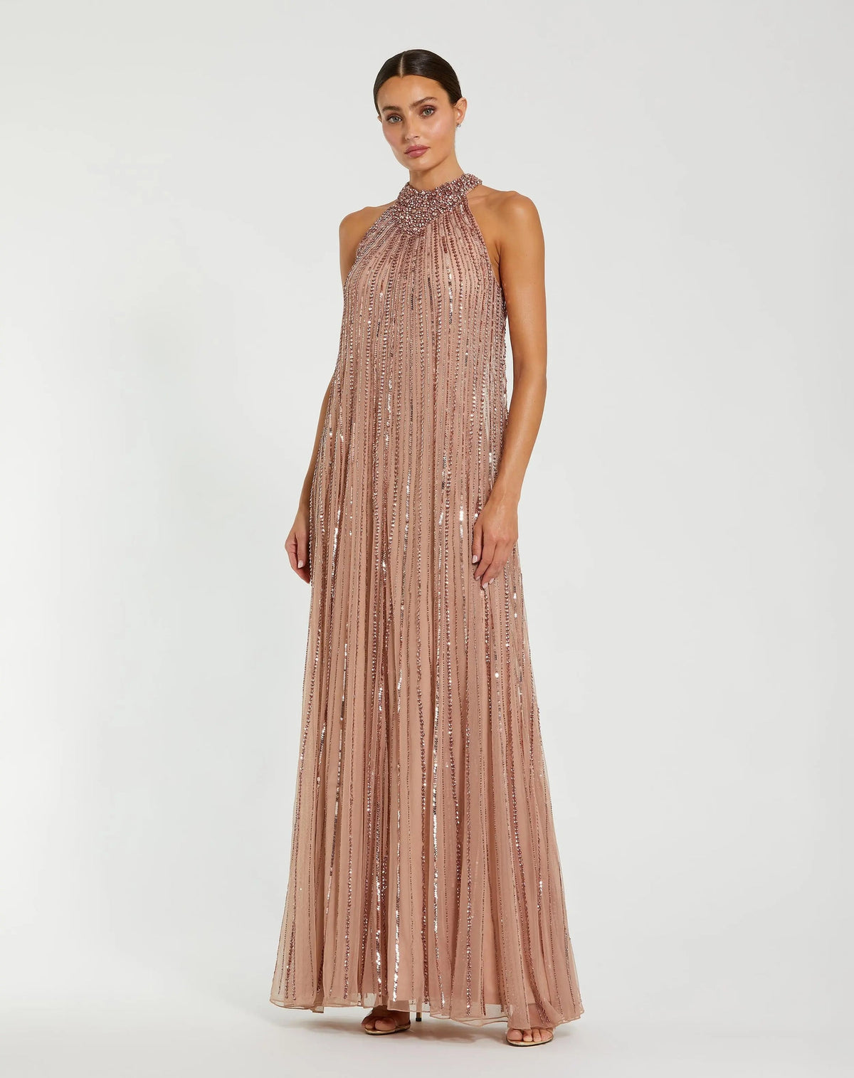 Full length front view of jewel-embellished halter collar and beaded stripes on Mac Duggal 23043 antique rose gown