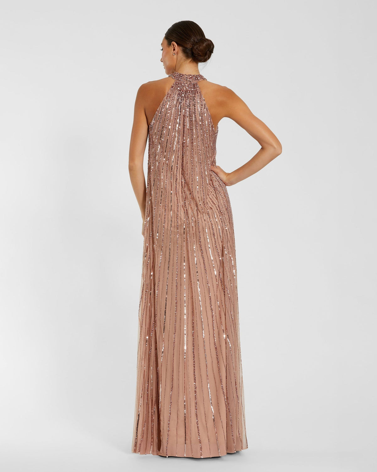Full length view of the back of Mac Duggal 23043 antique rose halter neck gown"