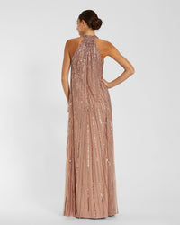 Full length view of the back of Mac Duggal 23043 antique rose halter neck gown"
