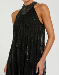 Sleeveless Halter Neck Embellished Trapeze Gown - Black