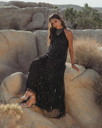 Sleeveless Halter Neck Embellished Trapeze Gown - Black