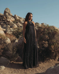 Sleeveless Halter Neck Embellished Trapeze Gown - Black