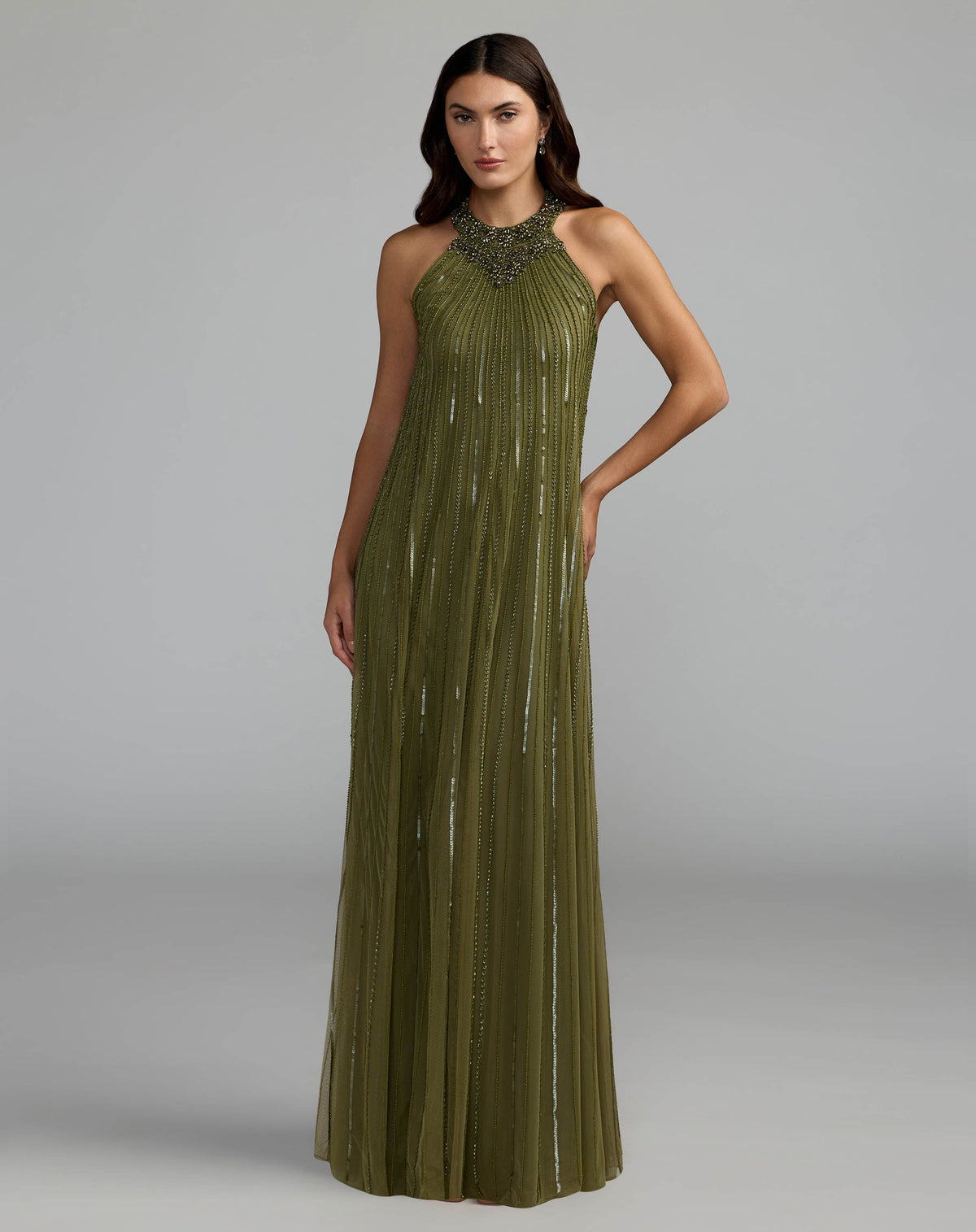 Mac Duggal #23043 olive green sleeveless halter embellished trapeze gown