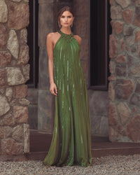 Mac Duggal #23043 olive trapeze gown lifestyle