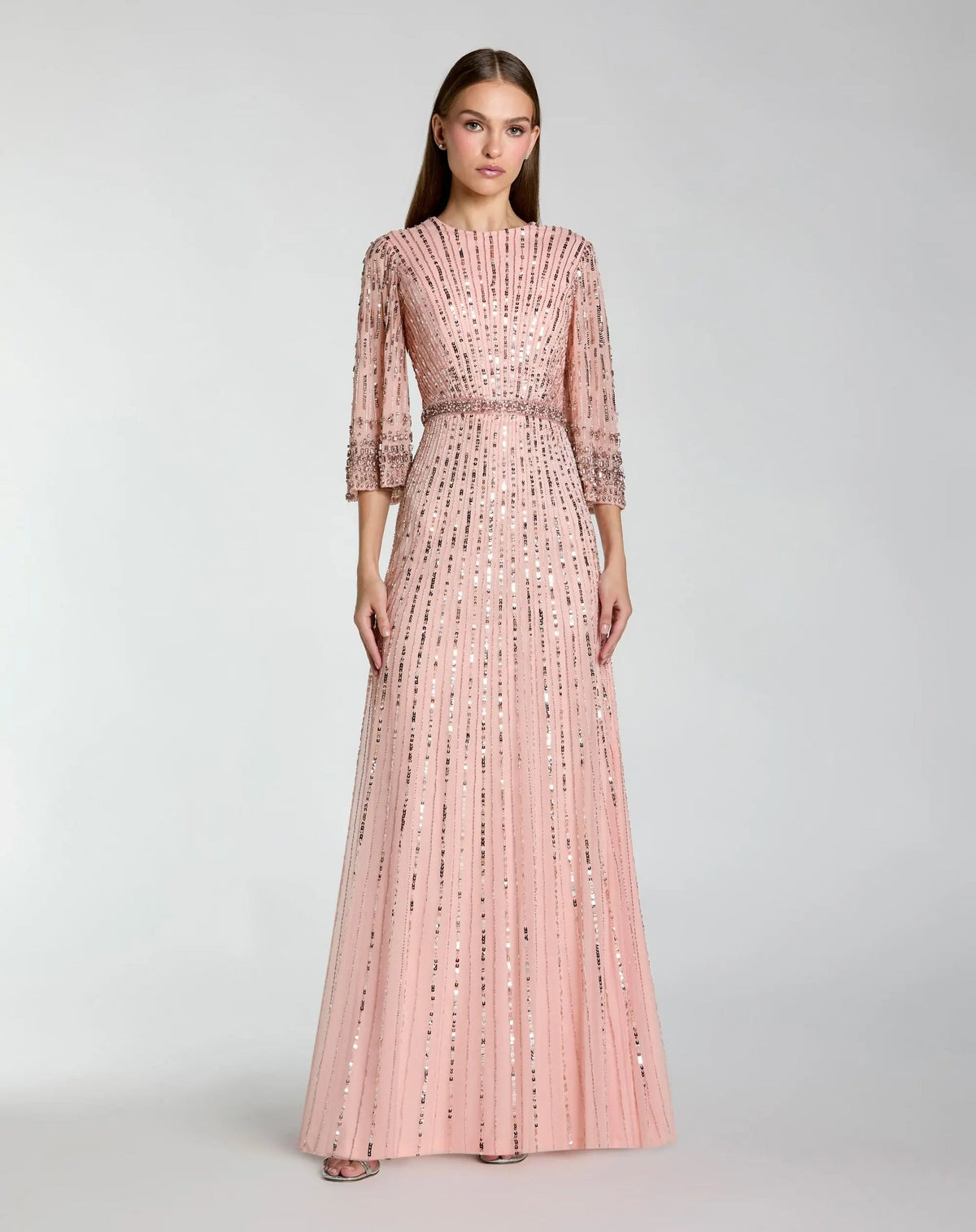 studio shot of model wearing Mac Duggal Green High Neck Embellished Gown With 3/4 Sleeves #23045 Rose Pink 