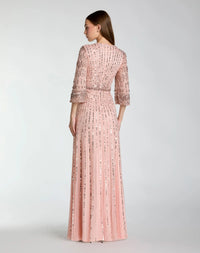 back view of model wearing Mac Duggal Green High Neck Embellished Gown With 3/4 Sleeves #23045 Rose Pink 