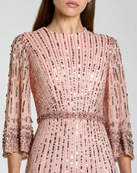 close up studio view of model wearing Mac Duggal Green High Neck Embellished Gown With 3/4 Sleeves #23045 Rose Pink 