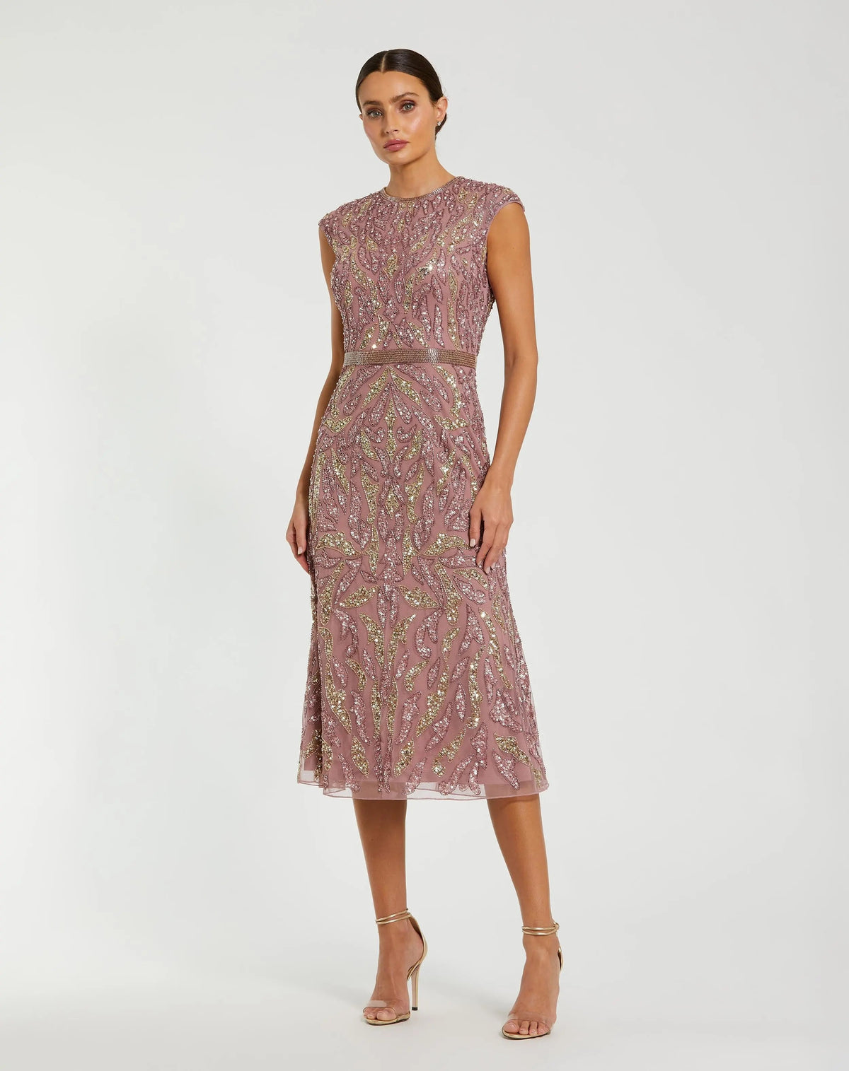Mac Duggal 23049 Vintage Lilac sequin embellished high neck midi dress - front