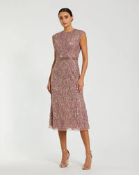 Mac Duggal 23049 Vintage Lilac sequin embellished high neck midi dress - front