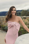 Beaded Bow Satin Mermaid Gown - Pink