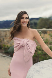 Beaded Bow Satin Mermaid Gown - Pink