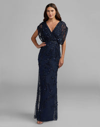 Mac Duggal #23067 navy beaded v-neck short sleeve blouson gown