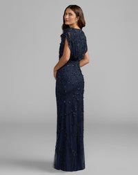 Mac Duggal #23067 navy beaded v-neck short sleeve blouson gown
