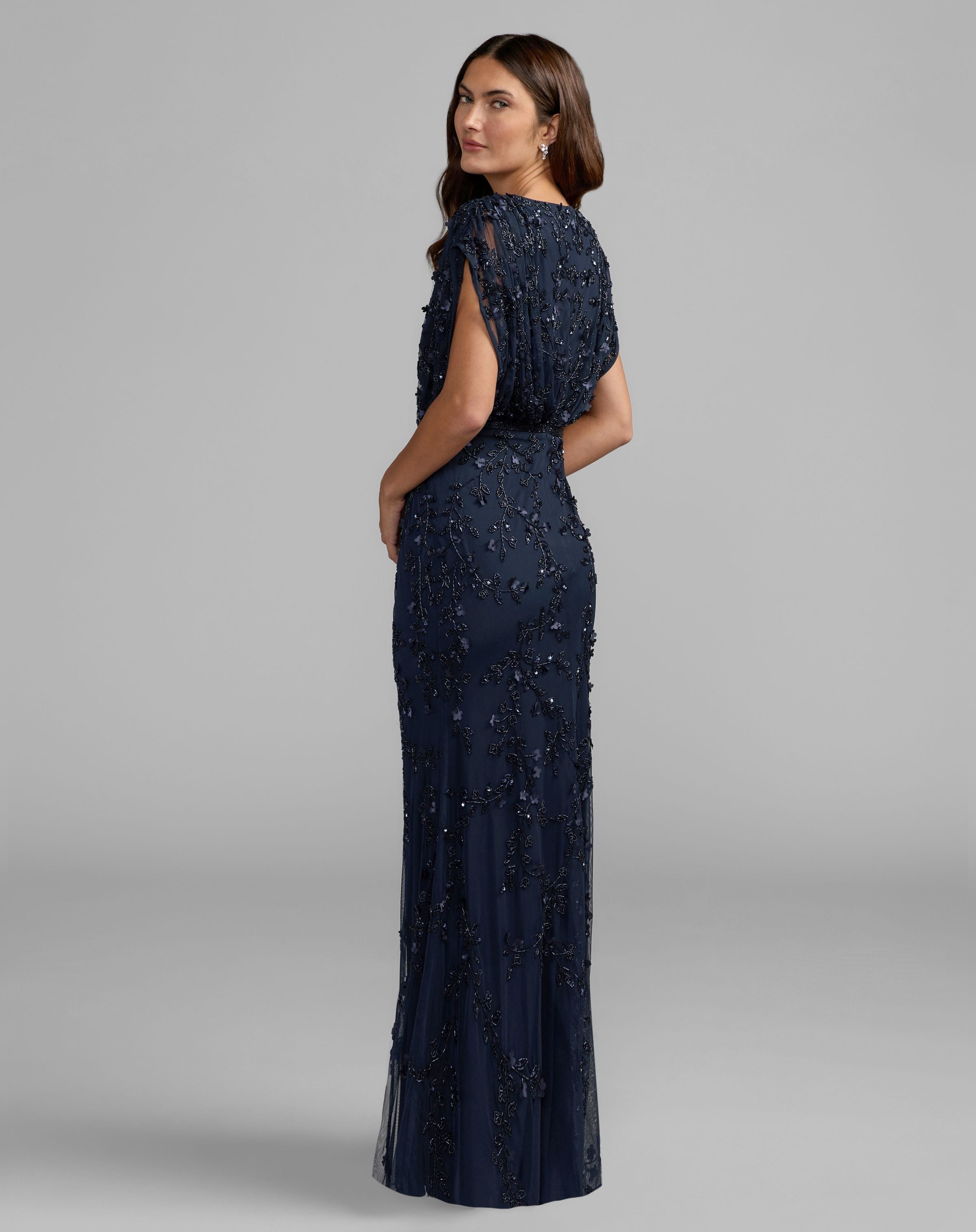 Mac Duggal #23067 navy beaded v-neck short sleeve blouson gown
