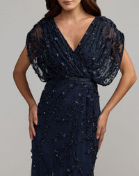 Mac Duggal #23067 navy beaded v-neck short sleeve blouson gown