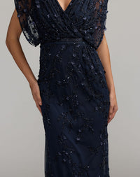Mac Duggal #23067 navy beaded v-neck short sleeve blouson gown