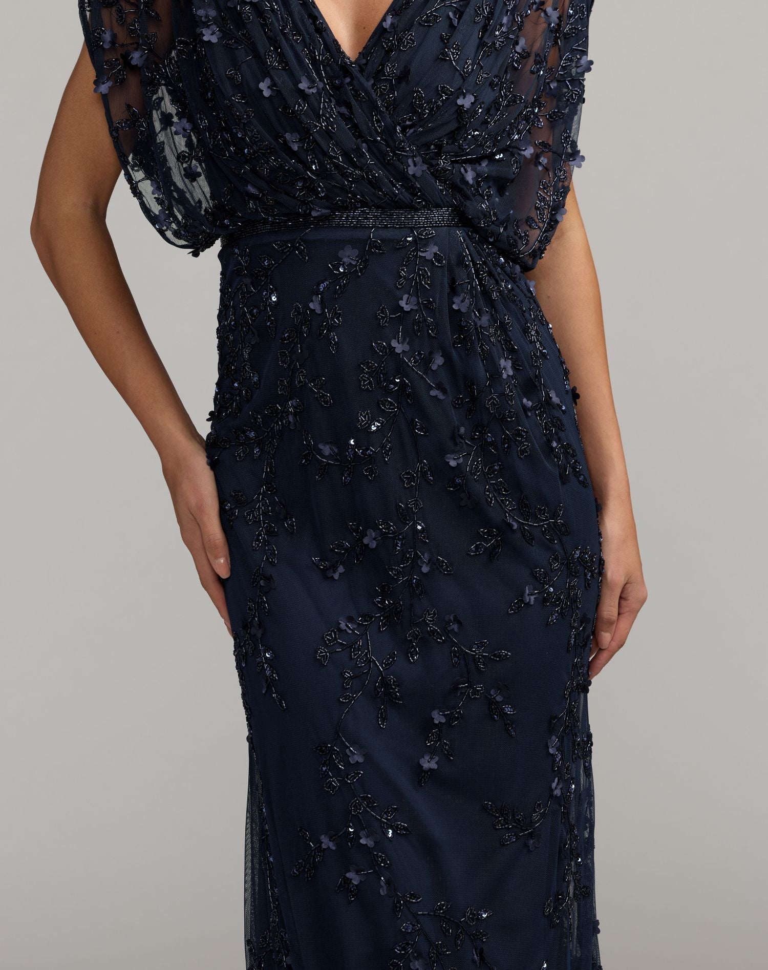 Mac Duggal #23067 navy beaded v-neck short sleeve blouson gown