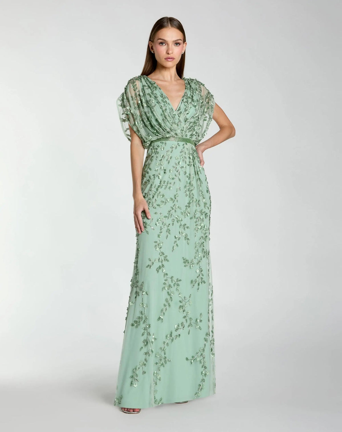 Mac Duggal Green Beaded V-Neck Short Sleeve Blouson Gown #23067 Seafoam Green