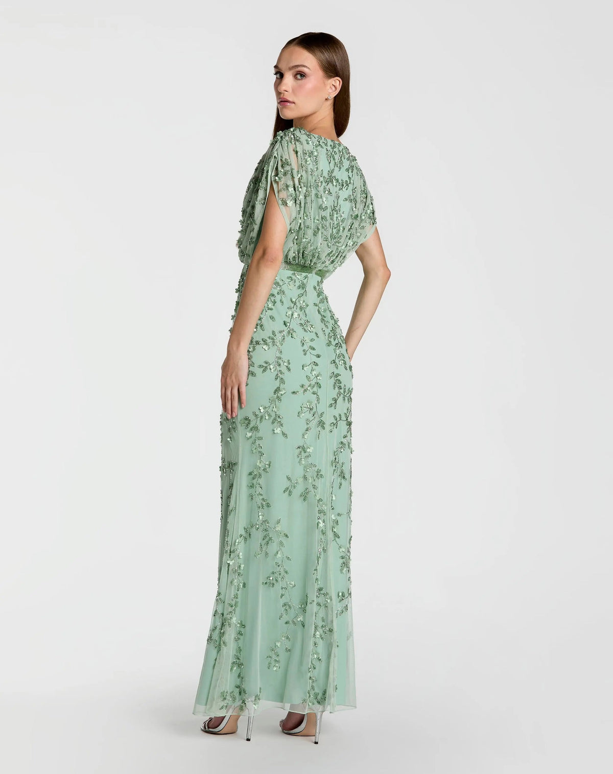 Full-length front view of the Seafoam beaded mesh gown featuring a blouson bodice and draped sleeves.