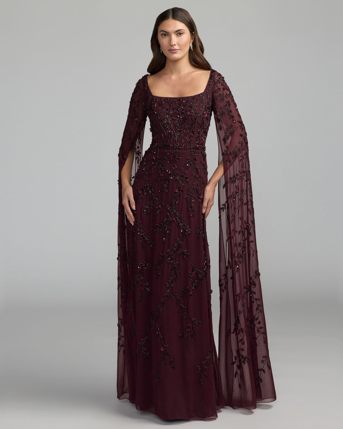 Mac Duggal #23068 aubergine floral embellished cape sleeve gown
