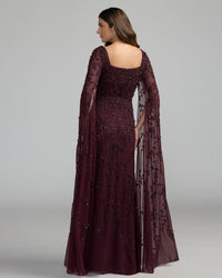 Mac Duggal #23068 aubergine floral embellished cape sleeve gown