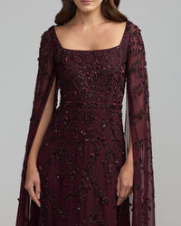 Mac Duggal #23068 aubergine floral embellished cape sleeve gown