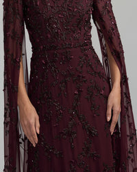 Mac Duggal #23068 aubergine floral embellished cape sleeve gown