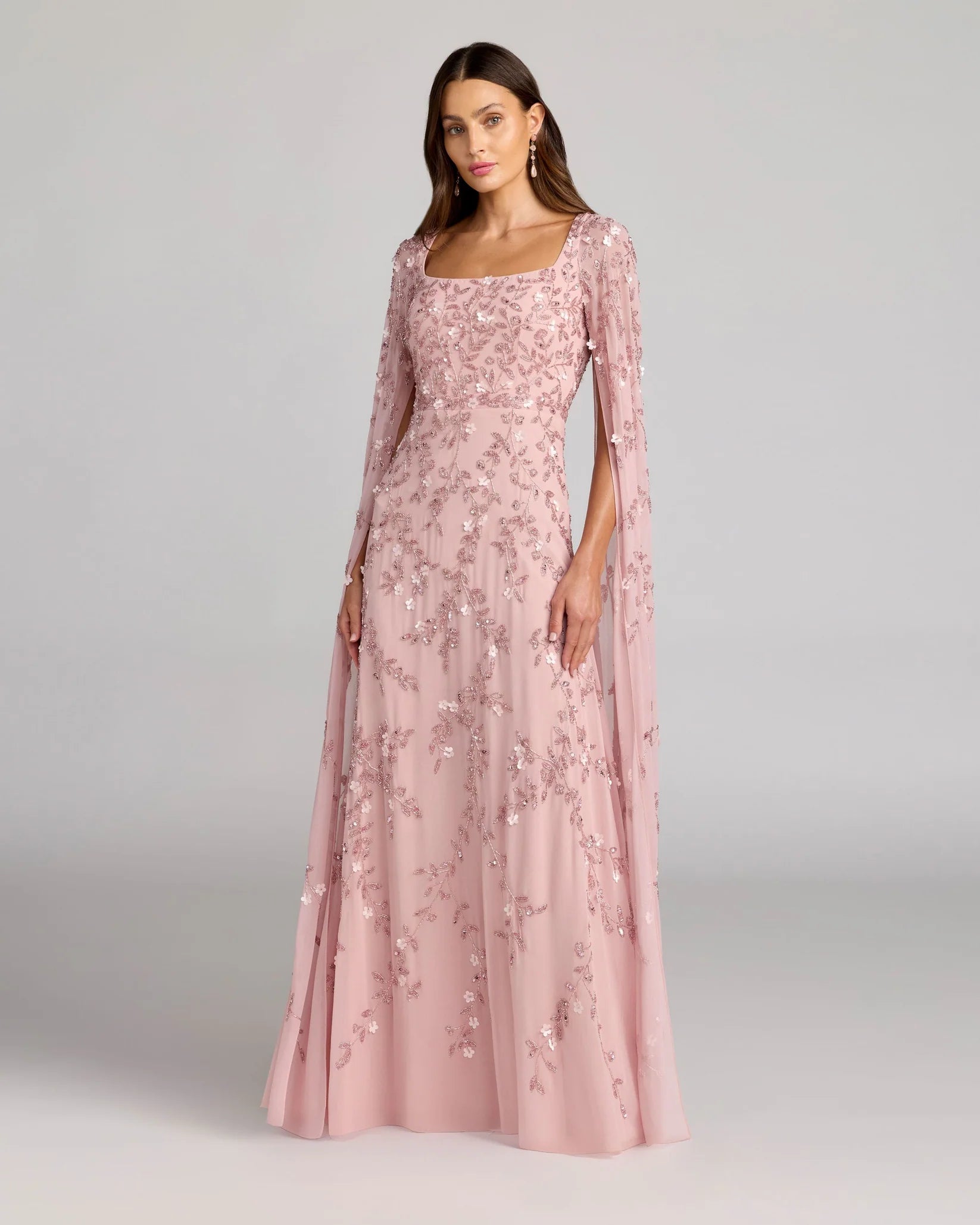 Mac Duggal Pink Floral Embellished Cape Sleeve Gown #23068 Rose Modest Dress Abaya