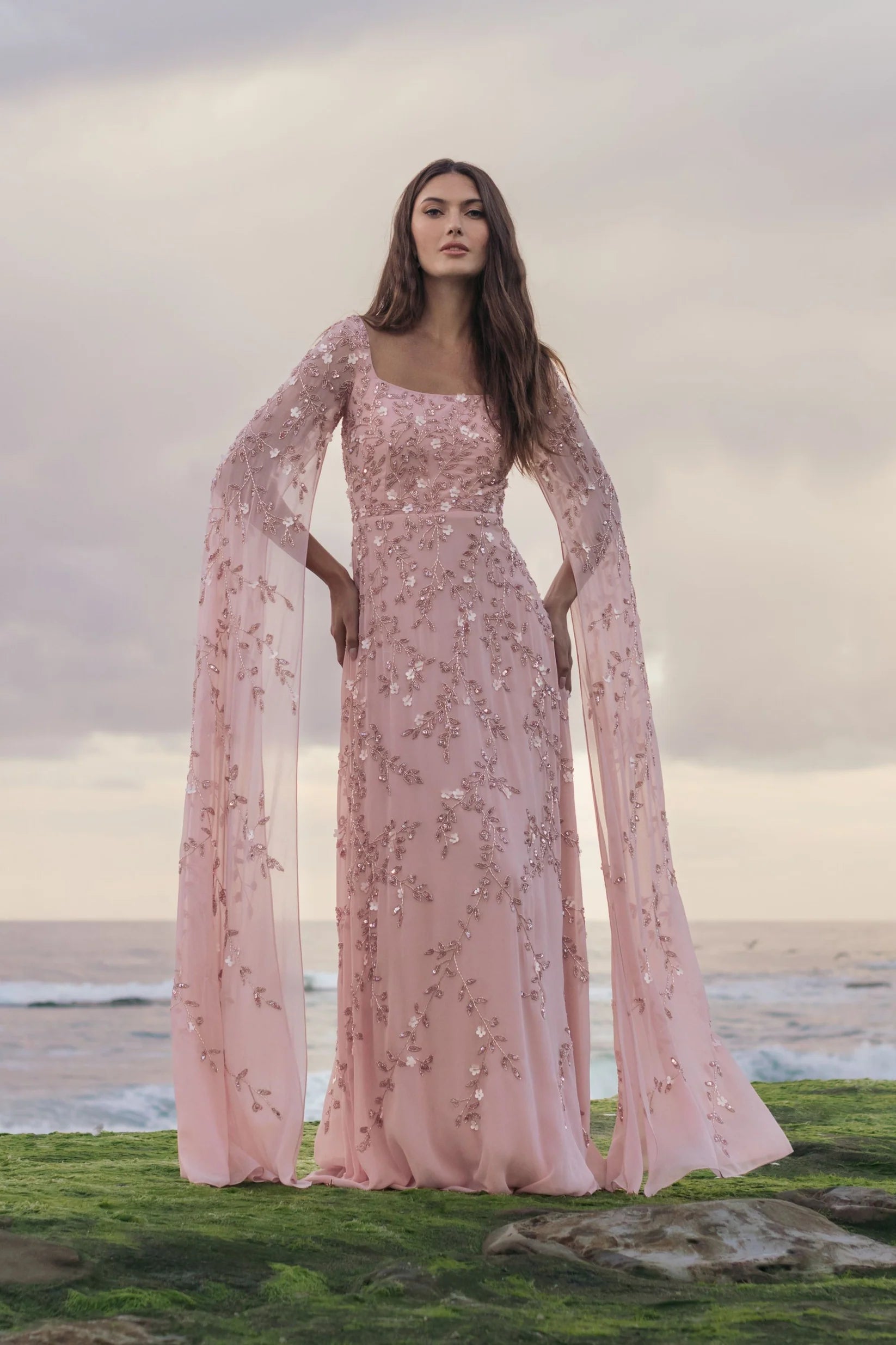 Mac Duggal Pink Floral Embellished Cape Sleeve Gown #23068 Rose Modest Dress Abaya