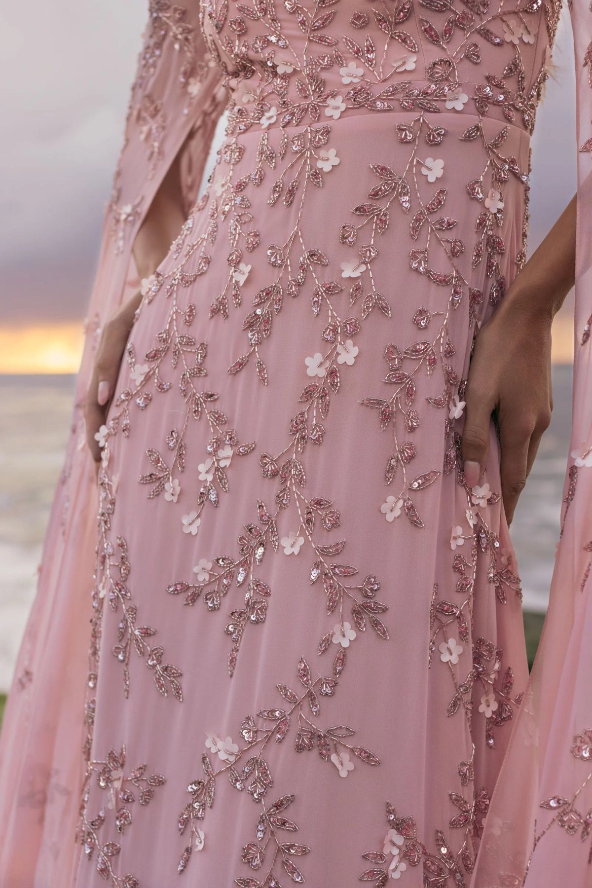 Mac Duggal Pink Floral Embellished Cape Sleeve Gown #23068 Rose Modest Dress Abaya