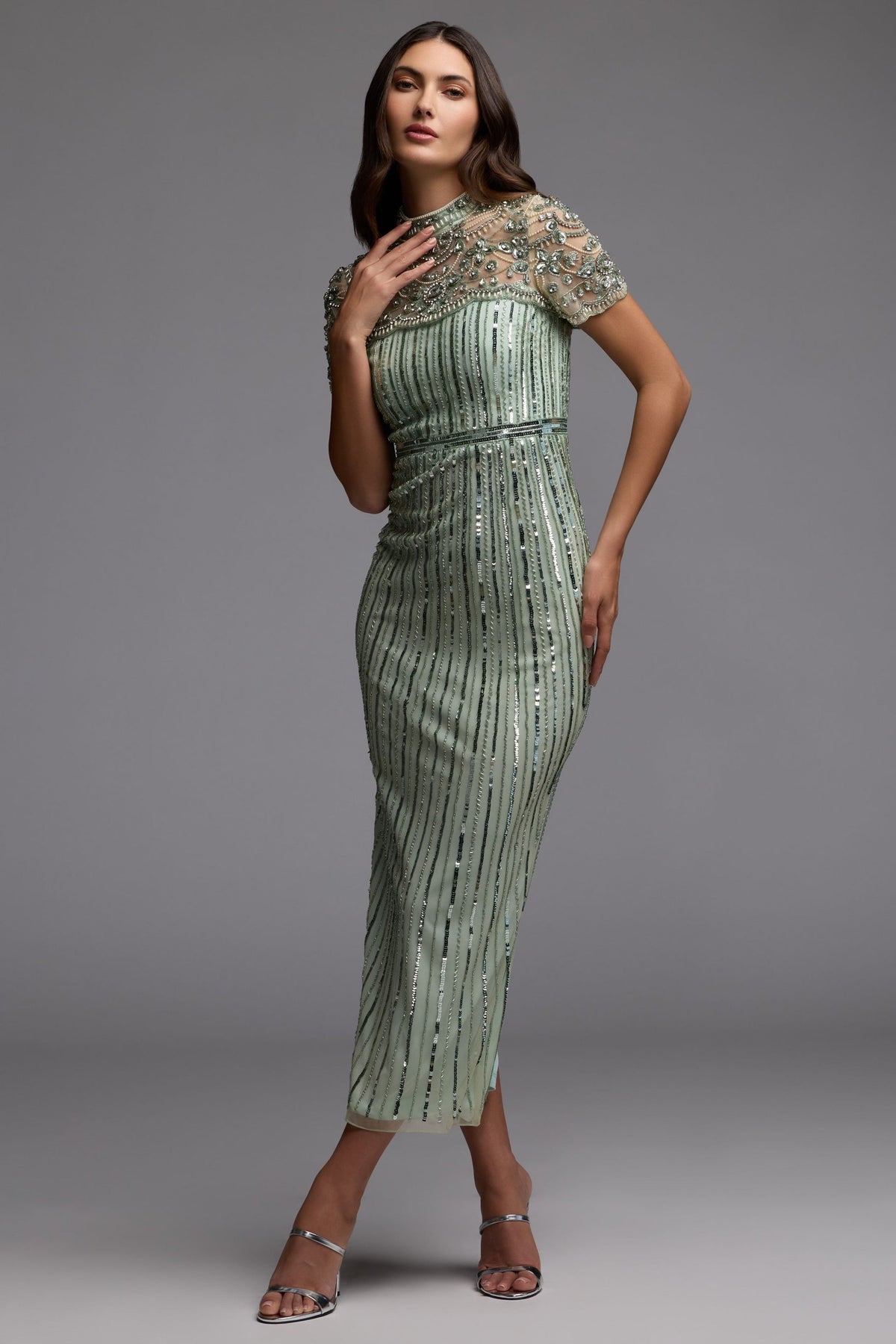Full length view of Mac Duggal 23075 light sage fitted midi dress