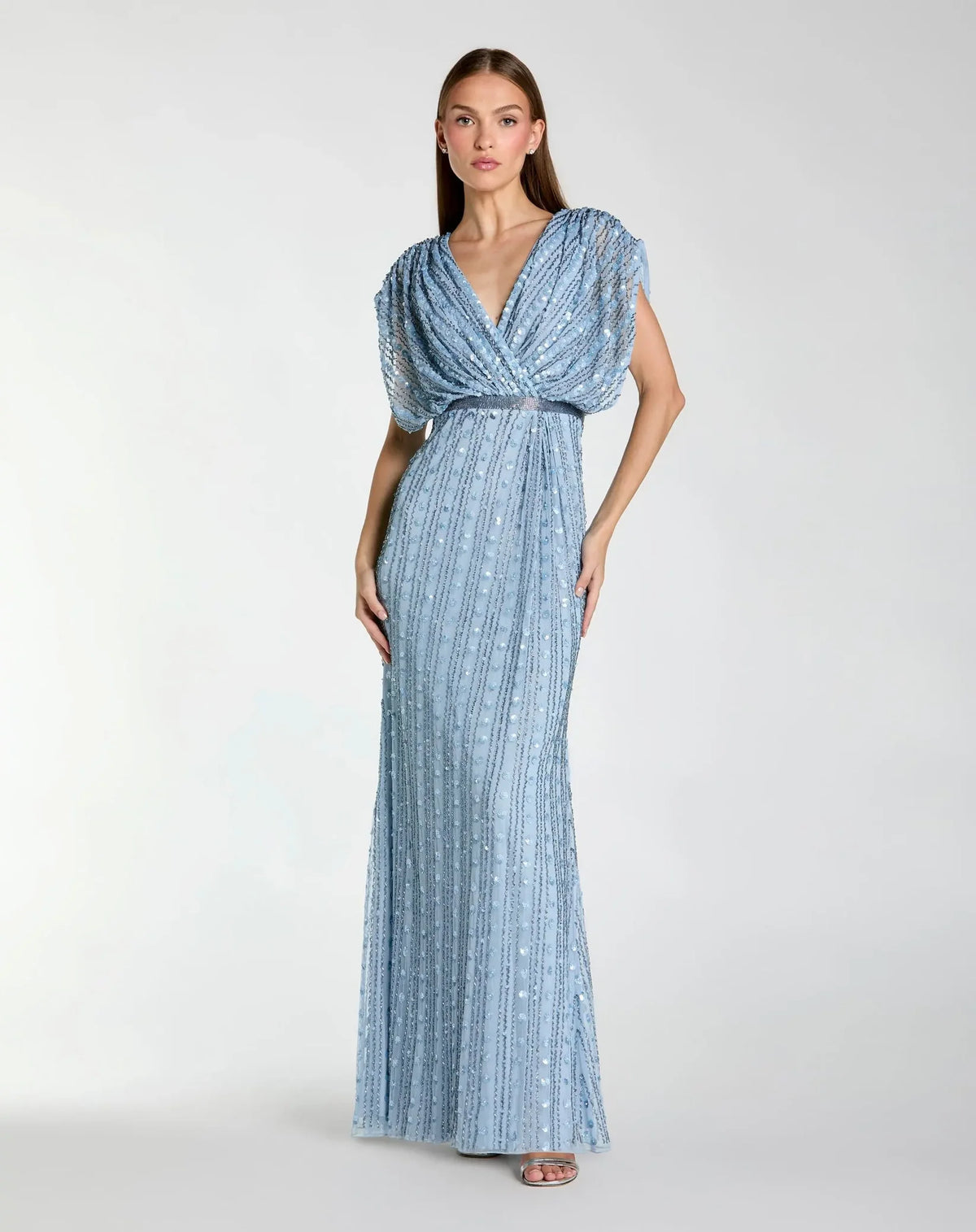 Close up view of Mac Duggal Periwinkle Embellished Blouson V Neck Column Gown #23081