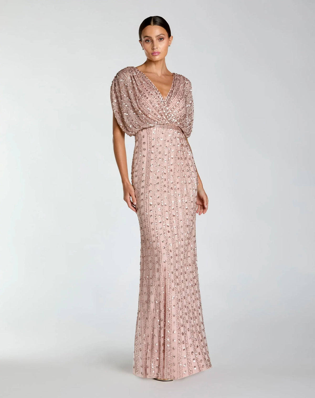 Mac Duggal Pink Embellished Blouson V Neck Column Gown #23081