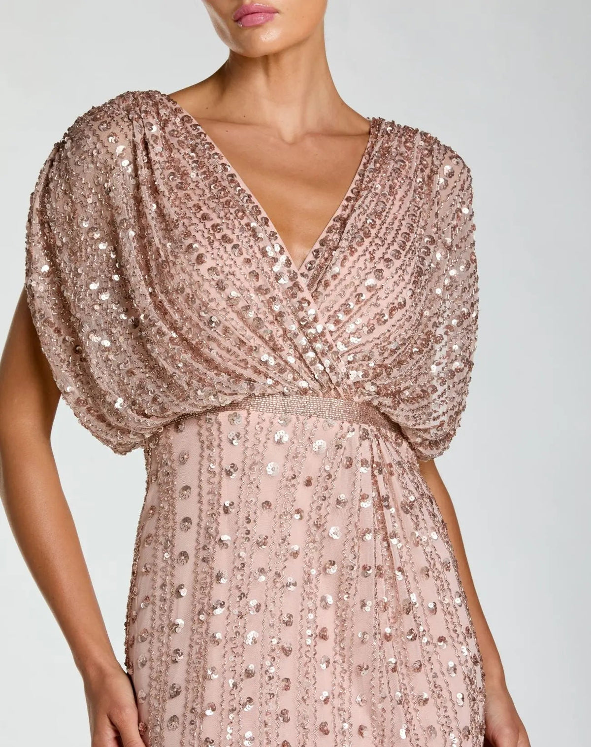 Close up studio shot of Mac Duggal Pink Embellished Blouson V Neck Column Gown #23081